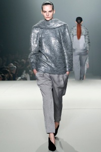 Alexander Wang runway metallic mix fabrics and shawl-like collars.